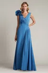 Tadashi Shoji Barlowe Ruffled Shoulder Draped Crepe Gown In Blue
