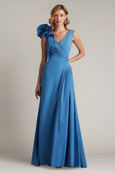 TADASHI SHOJI BARLOWE RUFFLED SHOULDER DRAPED CREPE GOWN