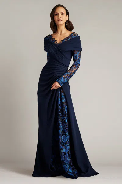 Tadashi Shoji Basel Pleated Crepe Illusion Gown In Blue