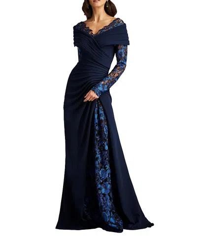 Tadashi Shoji Basel Pleated Crepe Illusion Gown In Midnight