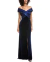 Tadashi Shoji Benz Pleated Portrait Collar Gown In Blue
