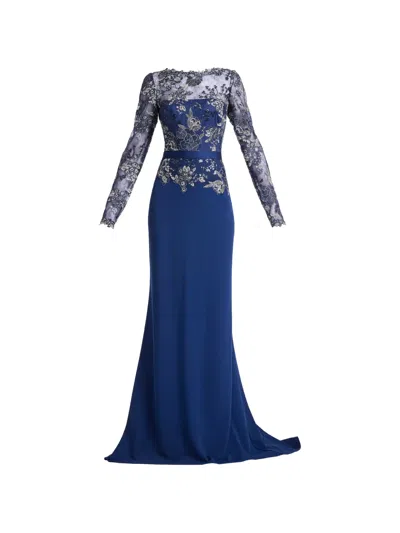 Tadashi Shoji Floral Lace Embroidery Long Sleeve Gown In Blue