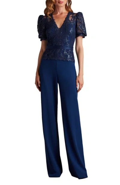 Tadashi Shoji Ziya Embellished Puff Sleeve Jumpsuit In Blue