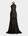 Tadashi Shoji Embroidered Sequin Lace Halter Neck Gown In Brown