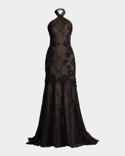 TADASHI SHOJI BEADED FLORAL APPLIQUE LACE HALTER GOWN