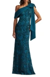 Tadashi Shoji Beaded Floral One-shoulder Gown In Blue