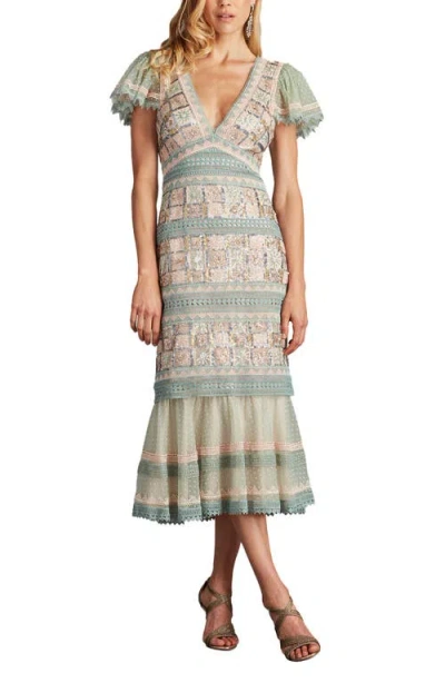 TADASHI SHOJI TADASHI SHOJI BELLE SEQUIN & LACE DETAIL COCKTAIL MIDI DRESS