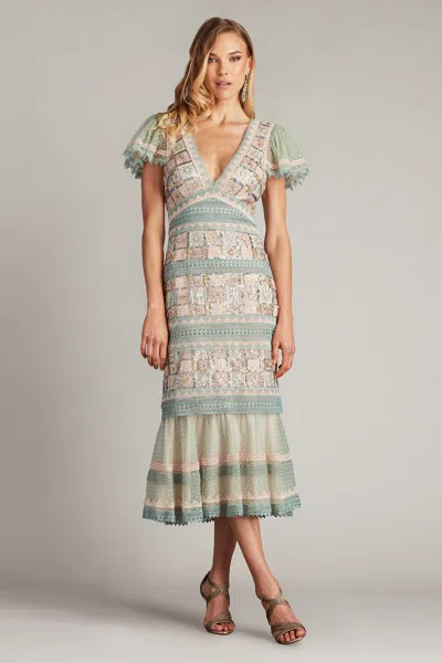 Tadashi Shoji Belle Sequin Lace Panel Midi Dress In Green