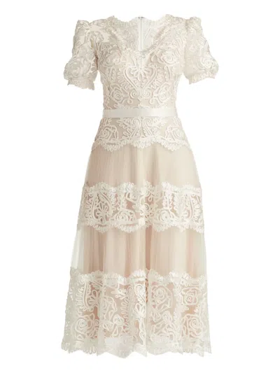 Tadashi Shoji Belline Lace Ribbon Midi Dress In White