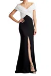 Tadashi Shoji Benz Pleated Portrait Collar Gown