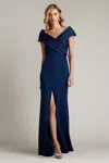 Tadashi Shoji Benz Pleated Portrait Collar Gown In Blue