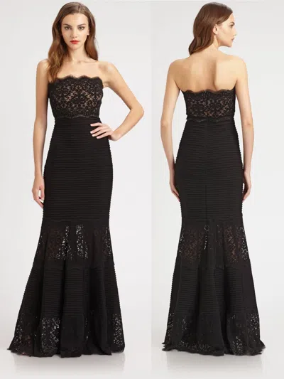 Pre-owned Tadashi Shoji Black Lace & Pintuck Jersey Sheer Lace Inset Dress Gown L