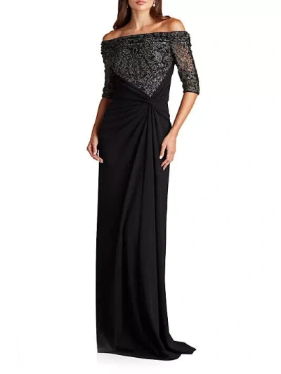 Pre-owned Tadashi Shoji Black Silver Off-the-shoulder Sequin Lace Gown Size 24w $518