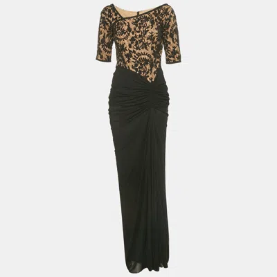 Pre-owned Tadashi Shoji Black Tulle And Lace Ruched Gown M