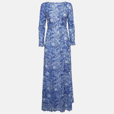 Pre-owned Tadashi Shoji Blue Floral Pattern Lace Long Sleeve Maxi Dress S
