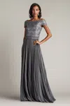 Tadashi Shoji Plus Size Off-shoulder Pleated Sequin Lace Gown In Gray