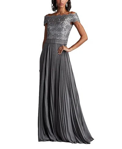 Tadashi Shoji Bode Sequin Embroidered Lace And Tulle Gown In Grey