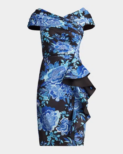 Tadashi Shoji Bodycon Floral-print Ruffle Dress In Blackblue Floral