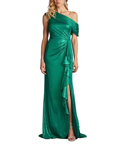 Tadashi Shoji Boise Metallic Waterfall Flounce Gown In Green