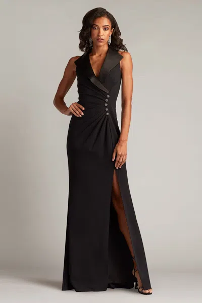Tadashi Shoji Pleated Jewel-embellished Crepe Tuxedo Gown In Black