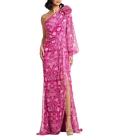 Tadashi Shoji Bosson Floral Print One-shoulder Gown In Pink