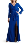 Tadashi Shoji Bow Detail Long Sleeve Gown In Mystic Blue