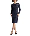 Tadashi Shoji Sequin Corded Lace Long Sleeve Sheath Dress In Royal Navy/nude