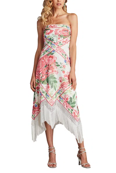 Tadashi Shoji Brette Floral Print Tassel Fringe Midi Dress In White/fuchsia Floral