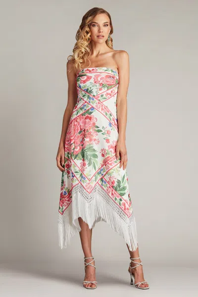 TADASHI SHOJI BRETTE FLORAL PRINT TASSEL FRINGE MIDI DRESS