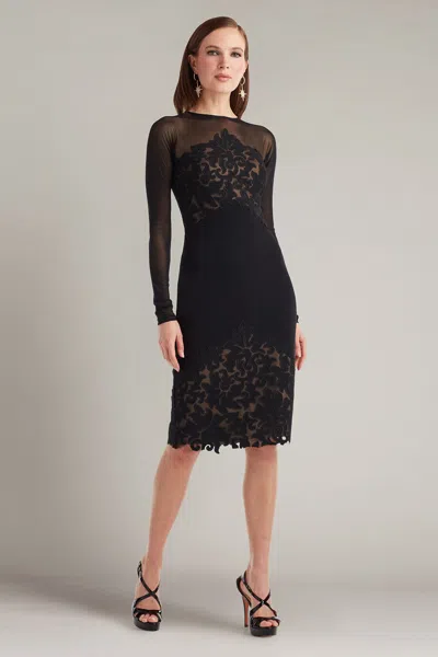 Tadashi Shoji Illusion Neck Laser Cut Long Sleeve Mesh Cocktail Dress In Black