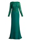 Tadashi Shoji Embroidered Leaf Print Long Sleeve Gown In Green