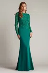 Tadashi Shoji Embroidered Leaf Print Long Sleeve Gown In Green