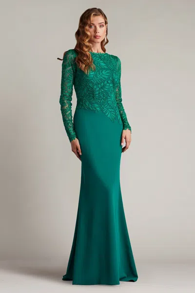 TADASHI SHOJI CALISTE EMBROIDERED CREPE GOWN EMERALD