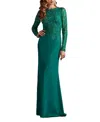 Tadashi Shoji Embroidered Leaf Print Long Sleeve Gown In Green