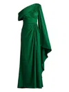 Tadashi Shoji Pleated One-shoulder Cape Gown In Green