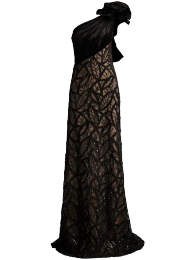 Tadashi Shoji Flower Detail Sequin Lace One-shoulder Gown In Black
