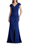 Tadashi Shoji Pleated Crepe Trumpet Gown In Blue