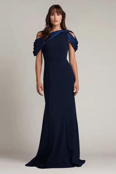 Tadashi Shoji Carlene Shoulder Drape Gown In Blue
