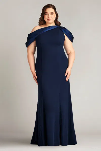 Tadashi Shoji Carlene Shoulder Drape Gown In Blue