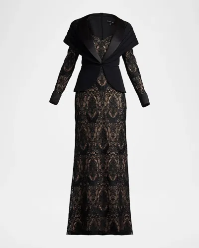 Tadashi Shoji Carlotta Lace Two-piece Illusion Gown In Brown