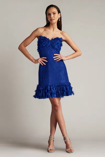 Tadashi Shoji Carmen Lace Fringe Mini Dress In Blue