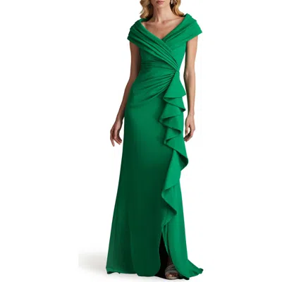 TADASHI SHOJI TADASHI SHOJI CASCADE RUFFLE PORTRAIT NECK GOWN