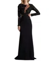 Tadashi Shoji Textured Crepe Bloom Embroidered Long Sleeve Gown In Black