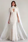 Tadashi Shoji Caspian Chiffon Cape Lace Gown In White