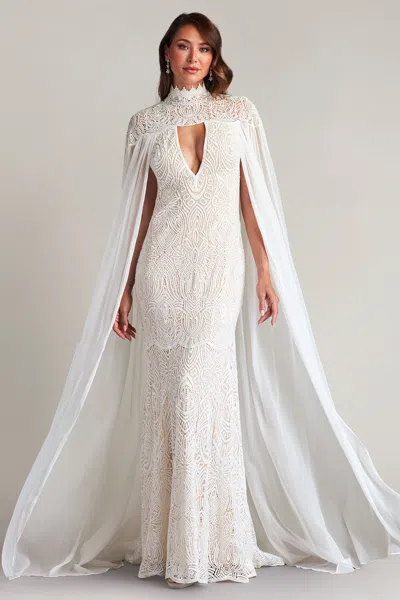 Tadashi Shoji Caspian Chiffon Cape Lace Gown In White