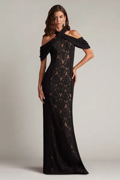 Tadashi Shoji Cdy24230l Fitted Long Formal Lace Evening Dress In Black