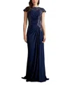 Tadashi Shoji Embroidered Side Ruched Cap Sleeve Gown In Mdnit