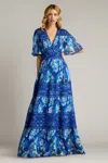 Tadashi Shoji Chq25199l Long Floral Pleated Formal Dress In Blue