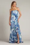 Tadashi Shoji Chw24386l Floral Printed Formal Long Slit Prom Pleated Ruffle Dress In Blue