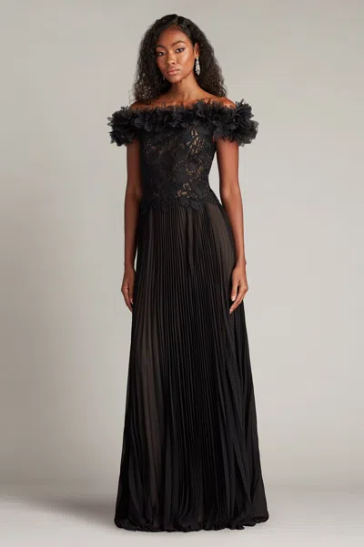 Tadashi Shoji Margaux Off-shoulder Floral Ruffle Trim Gown In Black